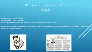 Diferencia entre noticia y articulo de
opinión.
la diferencia es que la noticia
se redacta tal y como sucedió
es decir el reportero narra los hechos sin importar su opinión o su criterio
en el articulo de opinión el redactor escribe los echos combinado con lo que piensa acerca del suceso y tiene mucho q
ver con la forma de pensar
 