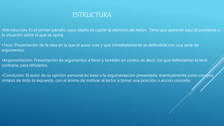 ESTRUCTURA
•Introduccion: Es el primer párrafo, cuyo objeto es captar la atención del lector. Tiene que aparecer aquí el problema o
la situación sobre la que se opina.
•Tesis: Presentación de la idea en la que el autor cree y que inmediatamente es defendida con una serie de
argumentos.
•Argumentación: Presentación de argumentos a favor y también en contra, es decir, los que defenderían la tesis
contraria, para refutarlos.
•Conclusión: El autor da su opinión personal en base a la argumentación presentada, eventualmente junto con una
síntesis de todo lo expuesto, con el ánimo de motivar al lector a tomar una posición o acción concreta.
 
