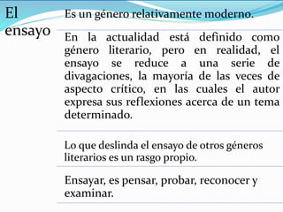 El
ensayo
Es un género relativamente moderno.
En la actualidad está definido como
género literario, pero en realidad, el
ensayo se reduce a una serie de
divagaciones, la mayoría de las veces de
aspecto crítico, en las cuales el autor
expresa sus reflexiones acerca de un tema
determinado.
Lo que deslinda el ensayo de otros géneros
literarios es un rasgo propio.
Ensayar, es pensar, probar, reconocer y
examinar.
 
