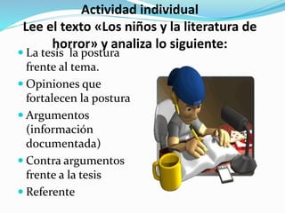 Actividad individual
Lee el texto «Los niños y la literatura de
horror» y analiza lo siguiente:
 La tesis la postura
frente al tema.
 Opiniones que
fortalecen la postura
 Argumentos
(información
documentada)
 Contra argumentos
frente a la tesis
 Referente
 