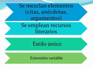 Se mezclan elementos
(citas, anécdotas,
argumentos)
Se emplean recursos
literarios
.Estilo único
Extensión variable
 