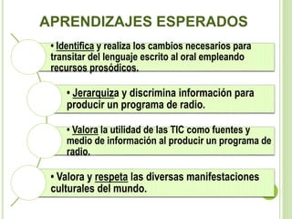 APRENDIZAJES ESPERADOS
• Identifica y realiza los cambios necesarios para
transitar del lenguaje escrito al oral empleando
recursos prosódicos.
• Jerarquiza y discrimina información para
producir un programa de radio.
• Valora la utilidad de las TIC como fuentes y
medio de información al producir un programa de
radio.
• Valora y respeta las diversas manifestaciones
culturales del mundo.
 