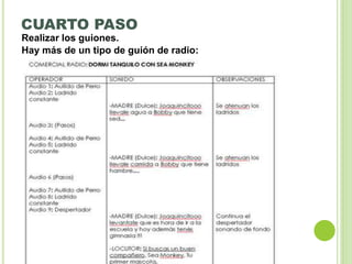 CUARTO PASO
Realizar los guiones.
Hay más de un tipo de guión de radio:
 
