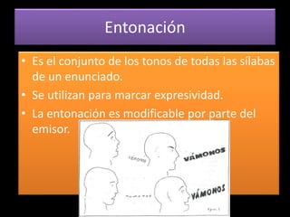 Entonación
• Es el conjunto de los tonos de todas las sílabas
de un enunciado.
• Se utilizan para marcar expresividad.
• La entonación es modificable por parte del
emisor.