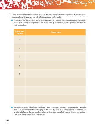 B
     2. Como parecía haber diferencia en lo que cada uno entendió, Espartaco y Amanda propusieron
        analizar el cuento párrafo por párrafo para ver de qué trataba.
          Realiza el mismo ejercicio. Numera los párrafos del cuento y completa la tabla. Es impor-
          tante que no copies fragmentos del texto, sino que escribas con tus propias palabras lo
          que entendiste.


            Número de
                                                       De qué trata
             párrafo


                 1



                 2



                 3



                 4



                 5




          Identiﬁca en cada párrafo las palabras o frases que no entiendes e intenta darles sentido
          con base en el mismo texto, luego puedes investigarlas para enriquecer o corroborar su
          signiﬁcado. Recuerda que muchas palabras tienen varias deﬁniciones y tienes que analizar
          cuál se acomoda mejor a lo que leíste.


10
 
