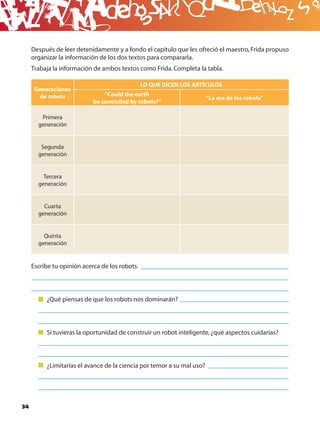 B
     Después de leer detenidamente y a fondo el capítulo que les ofreció el maestro, Frida propuso
     organizar la información de los dos textos para compararla.
     Trabaja la información de ambos textos como Frida. Completa la tabla.

                                                LO QUE DICEN LOS ARTÍCULOS
      Generaciones
       de robots                “Could the earth
                                                                        “La era de los robots”
                            be controlled by robots?”

        Primera
       generación


        Segunda
       generación


         Tercera
       generación


         Cuarta
       generación


         Quinta
       generación


     Escribe tu opinión acerca de los robots.




          ¿Qué piensas de que los robots nos dominarán?




          Si tuvieras la oportunidad de construir un robot inteligente, ¿qué aspectos cuidarías?




          ¿Limitarías el avance de la ciencia por temor a su mal uso?




34
 