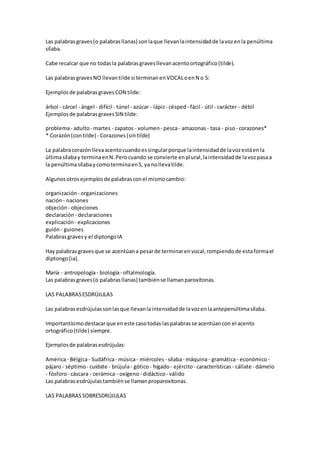 Las palabrasgraves(o palabrasllanas) sonlaque llevanlaintensidadde lavozenla penúltima
sílaba.
Cabe recalcar que no todasla palabrasgravesllevanacentoortográfico(tilde).
Las palabrasgravesNO llevantilde si terminanenVOCALoenN o S:
Ejemplosde palabrasgravesCON tilde:
árbol - cárcel - ángel - difícil - túnel - azúcar - lápiz- césped - fácil - útil - carácter - débil
Ejemplosde palabrasgravesSIN tilde:
problema- adulto- martes - zapatos - volumen - pesca- amazonas - tasa - piso- corazones*
* Corazón(contilde) - Corazones(sintilde)
La palabracorazónllevaacentocuandoessingularporque laintensidadde lavozestáenla
últimasílabay terminaenN.Perocuando se convierte enplural,laintensidadde lavozpasaa
la penúltimasílabaycomoterminaenS, ya nollevatilde.
Algunosotrosejemplosde palabrasconel mismocambio:
organización - organizaciones
nación- naciones
objeción - objeciones
declaración - declaraciones
explicación- explicaciones
guión- guiones
Palabrasgravesy el diptongoIA
Hay palabrasgravesque se acentúana pesarde terminarenvocal,rompiendode estaformael
diptongo(ia).
María - antropología- biología- oftalmología.
Las palabrasgraves(o palabrasllanas) tambiénse llamanparoxítonas.
LAS PALABRASESDRÚJULAS
Las palabrasesdrújulassonlasque llevanlaintensidadde lavozenlaantepenúltimasílaba.
Importantísimodestacarque eneste casotodas laspalabrasse acentúancon el acento
ortográfico(tilde) siempre.
Ejemplosde palabrasesdrújulas:
América- Bélgica- Sudáfrica- música- miércoles - sílaba- máquina- gramática- económico -
pájaro- séptimo- cuídate - brújula- gótico- hígado- ejército- características - cállate - dámelo
- fósforo- cáscara - cerámica - oxígeno- didáctico- válido
Las palabrasesdrújulastambiénse llamanproparoxítonas.
LAS PALABRASSOBRESDRÚJULAS
 
