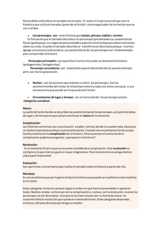 Nuncadebe confundirse al narradorconel autor. El autor esla personareal que crea la
historiayque utilizaal narrador (parte de la ficción) comoorganizadorde loshechosque se
van a relatar.
 Los personajes: son seresficticios que actúan,piensan,hablany sienten.
Es frecuente que el narradordescribaa lospersonajespresentandosuscaracterísticas
físicas(grafopeya),susrasgosde personalidadoaspectomoral (etopeya)odatosrelevantes
sobre susvidas.Cuandoel narrador describe se transformaendescriptorporque insertao
agrega unasecuenciadescriptiva.Lascaracterísticasde lospersonajesson fundamentales
para comprenderlahistoria.
Personajesprincipales:sonaquellosentornoa loscualesse desarrollalahistoria
(protagonistas/antagonistas).
Personajessecundarios:son importantesparael desarrollode losacontecimientos
pero con menorgravitación.
 Hechos: son lasaccionesque realizanosufren lospersonajes. Sonlos
acontecimientosdel relato.Se relacionanentresíy cada uno tiene unacausa y una
consecuenciaque puede serlacausade otro hecho.
 Circunstancias de lugar y tiempo: son el marco donde lospersonajesactúan.
Categorías narrativas
Marco:
La parte del textodonde se describenlascaracterísticasde lospersonajes,asícomolosdatos
de lugar y de tiempoenque actúanconstituye el marco de la narración.
Complicación:
Las historiascomienzanconunasituación estable,normal,donde nosucede nada,hastaque
un hechoimportante produce unatransformación. Cuandonosencontramosfrente aestos
hechosestamosenlacomplicación de la historia.Parareconocerel comienzode la
complicaciónpodemospreguntar:¿qué pasóenlahistoria?
Resolución:
Es el momentofinal enque se resuelve el problemaocomplicación.Esta resoluciónno
siempre eslaque másnos gusta o laque imaginamos.Parareconocerlanospreguntamos:
¿Qué pasó finalmente?
Evaluación:
Son opinionesocomentariosque realizael narradorsobre lahistoriaopartesde ella.
Moraleja:
Es una enseñanzaque porlogeneral dejalahistoriayque puede serexplícitaoestarimplícita
enel relato.
Estas categorías notienenporqué seguirel ordenenque fueronpresentadasni aparecer
todas:Muchos relatos comienzanconla complicacióne,incluso,conlaresolución.A veceslos
personajesnosondescriptos sinoque se loshace conocerpor su formade actuar. En
ocasionesfaltalaresoluciónque quedaen manosdel lector.Estascategoríasdependen,
entonces,del plande textoque tengasucreador.
 
