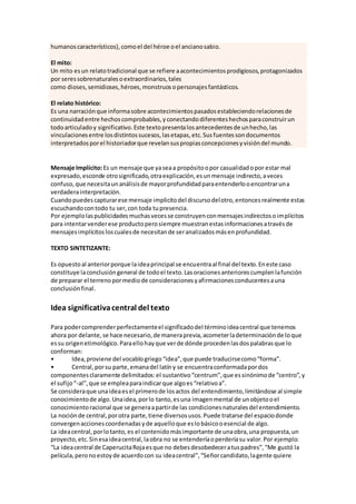 humanoscaracterísticos),comoel del héroe oel ancianosabio.
El mito:
Un mito esun relatotradicional que se refiere aacontecimientosprodigiosos,protagonizados
por seressobrenaturalesoextraordinarios,tales
como dioses, semidioses,héroes,monstruos opersonajesfantásticos.
El relato histórico:
Es una narraciónque informasobre acontecimientospasadosestableciendorelacionesde
continuidadentre hechoscomprobables,yconectandodiferenteshechosparaconstruirun
todoarticuladoy significativo.Este textopresentalosantecedentesde unhecho,las
vinculacionesentre losdistintossucesos,lasetapas,etc.Susfuentessondocumentos
interpretadosporel historiadorque revelansuspropiasconcepcionesyvisióndel mundo.
Mensaje Implícito:Es un mensaje que yaseaa propósitoopor casualidadopor estar mal
expresado,esconde otrosignificado,otraexplicación,esunmensaje indirecto,aveces
confuso,que necesitaunanálisisde mayorprofundidadparaentenderlooencontraruna
verdaderainterpretación.
Cuandopuedescapturarese mensaje implicitodel discursodelotro,entoncesrealmente estas
escuchandocontodo tu ser,con toda tupresencia.
Por ejemplolaspublicidadesmuchasvecesse construyenconmensajesindirectosoimplícitos
para intentarvenderese productoperosiempre muestranestasinformacionesatravésde
mensajesimplícitosloscualesde necesitande seranalizadosmásenprofundidad.
TEXTO SINTETIZANTE:
Es opuestoal anteriorporque laideaprincipal se encuentraal final del texto.Eneste caso
constituye laconclusióngeneral de todoel texto.Lasoracionesanteriorescumplenlafunción
de preparar el terrenopormediode consideracionesyafirmacionesconducentesauna
conclusiónfinal.
Idea significativacentral del texto
Para podercomprenderperfectamenteel significadodel términoideacentral que tenemos
ahora por delante,se hace necesario,de maneraprevia,acometerladeterminaciónde loque
essu origenetimológico.Paraellohayque verde dónde procedenlasdospalabrasque lo
conforman:
• Idea,proviene del vocablogriego“idea”,que puede traducirsecomo“forma”.
• Central,porsu parte,emanadel latíny se encuentraconformadapordos
componentesclaramente delimitados:el sustantivo“centrum”,que essinónimode “centro”,y
el sufijo“-al”,que se empleaparaindicarque algoes“relativoa”.
Se consideraque unaideaesel primerode losactos del entendimiento,limitándose al simple
conocimientode algo.Unaidea,porlo tanto,esuna imagenmental de unobjetooel
conocimientoracional que se generaapartirde las condicionesnaturalesdel entendimiento.
La nociónde central,porotra parte,tiene diversosusos.Puede tratarse del espaciodonde
convergenaccionescoordenadasyde aquelloque eslobásicooesencial de algo.
La ideacentral,porlotanto,es el contenidomásimportante de unaobra,una propuesta,un
proyecto,etc.Sinesaideacentral,laobra no se entenderíaoperderíasu valor.Por ejemplo:
“La ideacentral de CaperucitaRojaesque no debesdesobedeceratuspadres”,“Me gustó la
película,peronoestoyde acuerdocon su ideacentral”,“Señorcandidato,lagente quiere
 