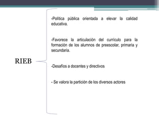 RIEB
-Política pública orientada a elevar la calidad
educativa.
-Favorece la articulación del currículo para la
formación de los alumnos de preescolar, primaria y
secundaria.
-Desafíos a docentes y directivos
- Se valora la partición de los diversos actores
 