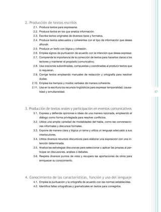 2. Producción de textos escritos
2.1.	 Produce textos para expresarse.
2.2.	 Produce textos en los que analiza información.
2.3.	 Escribe textos originales de diversos tipos y formatos.
2.4.	 Produce textos adecuados y coherentes con el tipo de información que desea
difundir.
2.5.	 Produce un texto con lógica y cohesión.
2.6.	 Emplea signos de puntuación de acuerdo con la intención que desea expresar.
2.7.	 Comprende la importancia de la corrección de textos para hacerlos claros a los
lectores y mantener el propósito comunicativo.
2.8.	 Usa oraciones subordinadas, compuestas y coordinadas al producir textos que
lo requieran.
2.9.	 Corrige textos empleando manuales de redacción y ortografía para resolver
dudas.
2.10.	 Emplea los tiempos y modos verbales de manera coherente.
2.11.	 Usa en la escritura los recursos lingüísticos para expresar temporalidad, causalidad y simultaneidad.

3. Producción de textos orales y participación en eventos comunicativos
3.1.	 Expresa y defiende opiniones e ideas de una manera razonada, empleando el
diálogo como forma privilegiada para resolver conflictos.
3.2.	 Utiliza una amplia variedad de modalidades del habla, como las conversaciones informales y discursos formales.
3.3.	 Expone de manera clara y lógica un tema y utiliza un lenguaje adecuado a sus
interlocutores.
3.4.	 Utiliza diversos recursos discursivos para elaborar una exposición con una intención determinada.
3.5.	 Analiza las estrategias discursivas para seleccionar y aplicar las propias al participar en discusiones, análisis o debates.
3.6.	Respeta diversos puntos de vista y recupera las aportaciones de otros para
enriquecer su conocimiento.

4. Conocimiento de las características, función y uso del lenguaje
4.1.	 Emplea la puntuación y la ortografía de acuerdo con las normas establecidas.
4.2.	 Identifica fallas ortográficas y gramaticales en textos para corregirlos.

17

 