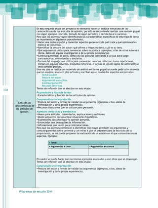 178

En esta segunda etapa del proyecto es necesario hacer un análisis minucioso de las
características de los artículos de opinión, por ello se recomienda realizar una revisión grupal
con algún ejemplo concreto, tomado de algún periódico o revista local o nacional.
Para que los alumnos vayan identificando las características específicas de este tipo de texto
se recomienda el siguiente procedimiento:
● Hacer una lectura global y comentar aspectos generales: de qué trata y qué opiniones les
merece el contenido.
● Identificar la postura del autor: qué afirma o niega; es decir, cuál es su tesis.
● Qué argumentos utiliza para convencer sobre su postura (ejemplos, citas de otros autores o
libros, datos de alguna investigación o de su propia experiencia).
● Contraargumentos: es decir, cómo cita las posturas contrarias a la suya para luego
contradecirlas, minimizarlas o anularlas.
● Formas del lenguaje que utiliza para convencer: recursos retóricos, como repeticiones,
énfasis en algunos aspectos, preguntas retóricas, e incluso el uso de signos de admiración u
otras señales gráficas.
Una vez que se realice un modelado de análisis en forma grupal se puede pedir a los alumnos
que en equipos, analicen otro artículo y escriban en un cuadro los aspectos encontrados:
Tema tratado
Postura del autor
Argumentos que utiliza
Contraargumentos
Recursos retóricos
Temas de reflexión que se abordan en esta etapa:
Propiedades y tipos de textos
● Características y función de los artículos de opinión.
Comprensión e interpretación
● Postura del autor y formas de validar los argumentos (ejemplos, citas, datos de
Lista de las
características de ● investigación y de la propia experiencia).
Recursos discursivos que se utilizan para persuadir.
los artículos de
Aspectos sintácticos y semánticos
opinión.
● Nexos para articular comentarios, explicaciones y opiniones.
● Modo subjuntivo para plantear situaciones hipotéticas.
● Expresiones para distinguir la opinión personal.
● Enunciados que jerarquizan la información.
● Afirmaciones que sirven para contrastar ideas.
Para que los alumnos comiencen a identificar con mayor precisión los argumentos y
contraargumentos sobre un tema y con miras a que se preparen para la escritura de su
propio texto, se les puede proponer la realización de un cuadro en el que concentren estos
aspectos. Ejemplo:
•	Tema:
•	Argumentos a favor

•	Argumentos en contra

El cuadro se puede hacer con los mismos ejemplos analizados o con otros que se propongan.
Temas de reflexión que se abordan en esta etapa:
Comprensión e interpretación
● Postura del autor y formas de validar los argumentos (ejemplos, citas, datos de
investigación y de la propia experiencia).

Programas de estudio 2011

 
