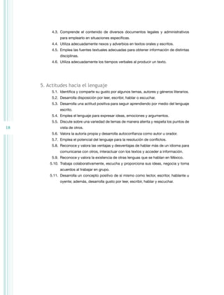 4.3.	Comprende el contenido de diversos documentos legales y administrativos
para emplearlo en situaciones específicas.
4.4.	 Utiliza adecuadamente nexos y adverbios en textos orales y escritos.
4.5.	 Emplea las fuentes textuales adecuadas para obtener información de distintas
disciplinas.
4.6.	 Utiliza adecuadamente los tiempos verbales al producir un texto.

5. Actitudes hacia el lenguaje
5.1.	 Identifica y comparte su gusto por algunos temas, autores y géneros literarios.
5.2.	 Desarrolla disposición por leer, escribir, hablar o escuchar.
5.3.	 Desarrolla una actitud positiva para seguir aprendiendo por medio del lenguaje
escrito.
5.4.	 Emplea el lenguaje para expresar ideas, emociones y argumentos.
5.5.	 Discute sobre una variedad de temas de manera atenta y respeta los puntos de

18

vista de otros.
5.6.	 Valora la autoría propia y desarrolla autoconfianza como autor u orador.
5.7.	 Emplea el potencial del lenguaje para la resolución de conflictos.
5.8.	Reconoce y valora las ventajas y desventajas de hablar más de un idioma para
comunicarse con otros, interactuar con los textos y acceder a información.
5.9.	Reconoce y valora la existencia de otras lenguas que se hablan en México.
5.10.	Trabaja colaborativamente, escucha y proporciona sus ideas, negocia y toma
acuerdos al trabajar en grupo.
5.11.	 Desarrolla un concepto positivo de sí mismo como lector, escritor, hablante u
oyente; además, desarrolla gusto por leer, escribir, hablar y escuchar.

 