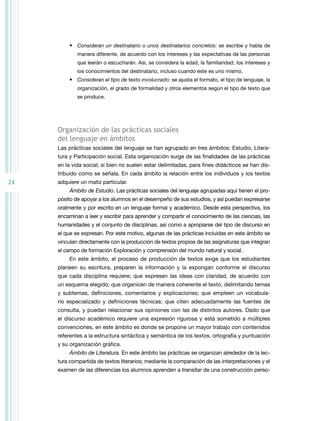 •	 Consideran un destinatario o unos destinatarios concretos: se escribe y habla de
manera diferente, de acuerdo con los intereses y las expectativas de las personas
que leerán o escucharán. Así, se considera la edad, la familiaridad, los intereses y
los conocimientos del destinatario, incluso cuando éste es uno mismo.

•	 Consideran el tipo de texto involucrado: se ajusta el formato, el tipo de lenguaje, la
organización, el grado de formalidad y otros elementos según el tipo de texto que
se produce.

Organización de las prácticas sociales
del lenguaje en ámbitos
Las prácticas sociales del lenguaje se han agrupado en tres ámbitos: Estudio, Literatura y Participación social. Esta organización surge de las finalidades de las prácticas
en la vida social; si bien no suelen estar delimitadas, para fines didácticos se han distribuido como se señala. En cada ámbito la relación entre los individuos y los textos

24

adquiere un matiz particular.
Ámbito de Estudio. Las prácticas sociales del lenguaje agrupadas aquí tienen el propósito de apoyar a los alumnos en el desempeño de sus estudios, y así puedan expresarse
oralmente y por escrito en un lenguaje formal y académico. Desde esta perspectiva, los
encaminan a leer y escribir para aprender y compartir el conocimiento de las ciencias, las
humanidades y el conjunto de disciplinas, así como a apropiarse del tipo de discurso en
el que se expresan. Por este motivo, algunas de las prácticas incluidas en este ámbito se
vinculan directamente con la producción de textos propios de las asignaturas que integran
el campo de formación Exploración y comprensión del mundo natural y social.
En este ámbito, el proceso de producción de textos exige que los estudiantes
planeen su escritura, preparen la información y la expongan conforme el discurso
que cada disciplina requiere; que expresen las ideas con claridad, de acuerdo con
un esquema elegido; que organicen de manera coherente el texto, delimitando temas
y subtemas, definiciones, comentarios y explicaciones; que empleen un vocabulario espe­ ializado y definiciones técnicas; que citen adecuadamente las fuentes de
c
consulta, y puedan relacionar sus opiniones con las de distintos autores. Dado que
el discurso aca­ émico requiere una expresión rigurosa y está sometido a múltiples
d
convenciones, en este ámbito es donde se propone un mayor trabajo con contenidos
referentes a la estructura sintáctica y semántica de los textos, ortografía y puntuación
y su organización gráfica.
Ámbito de Literatura. En este ámbito las prácticas se organizan alrededor de la lectura compartida de textos literarios; mediante la comparación de las interpretaciones y el
examen de las diferencias los alumnos aprenden a transitar de una construcción perso-

 