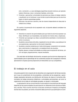 ción y corrección, y a usar estrategias específicas durante la lectura, por ejemplo:
realizar inferencias, crear o comprobar hipótesis, entre otras.

•	 Fomentar y aprovechar la diversidad de opiniones que ofrece el trabajo colectivo
y equilibrarlo con el individual, lo que brinda la oportunidad para que los alumnos
logren el máximo aprendizaje posible.

•	 Estimular a los alumnos a escribir y leer de manera independiente sin descuidar la
calidad de su trabajo.

En cuanto a la promoción de la expresión oral, el docente deberá considerar los
siguientes aspectos:
•	 Garantizar la creación de oportunidades para que todos los alumnos expresen sus
ideas, identifiquen sus necesidades y las expresen de manera clara y respetuosa.

•	 Fomentar que expongan sus ideas o procedimientos (acertados o incorrectos) sin
temor a la censura.

•	 Ayudarlos a escucharse entre ellos, respetando turnos de habla, a que platiquen de

30

sus experiencias y aprovechen la información disponible.

•	 Ayudarlos a resolver problemas por medio del lenguaje, la exposición de necesidades o sentimientos, la negociación y el establecimiento de acuerdos.

•	 Diseñar, planear y ensayar actividades ex profeso para la exposición de temas, con
el fin de lograr, progresivamente, mejores resultados.

Con esta labor de facilitador del docente, se espera que los alumnos dispongan de
oportunidades para el aprendizaje de los contenidos propios de la asignatura mientras
aprovechan la riqueza que les proporciona el intercambio con sus compañeros.

El trabajo en el aula
Una preocupación de la mayoría de los docentes es la organización del tiempo esco­ar,
l
por lo que el cumplimiento de los propósitos, contenidos de los programas y aprendizajes esperados demanda una distribución del tiempo de clase en momentos diferenciados de trabajo (proyectos didácticos o actividades permanentes), así como la
organización de la clase en actividades grupales, en equipo o individuales.
La apropiación de los conocimientos involucrados en las prácticas del lenguaje
depende de las oportunidades de participación en diferentes actos donde se hable,
lea y escriba. Para muchos alumnos la escuela constituye el espacio privilegiado
donde esto es posible, por tanto el docente debe promover que participen en even-

 