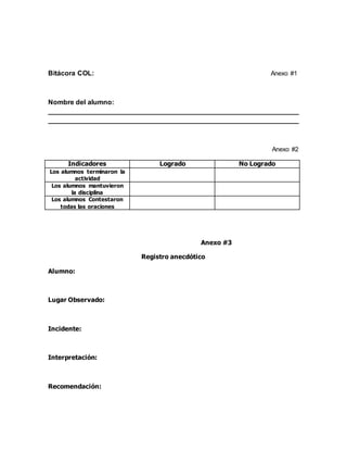 Bitácora COL: Anexo #1
Nombre del alumno:
__________________________________________________________________
__________________________________________________________________
Anexo #2
Indicadores Logrado No Logrado
Los alumnos terminaron la
actividad
Los alumnos mantuvieron
la disciplina
Los alumnos Contestaron
todas las oraciones
Anexo #3
Registro anecdótico
Alumno:
Lugar Observado:
Incidente:
Interpretación:
Recomendación:
 