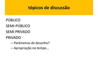 tópicos de discussão
PÚBLICO
SEMI-PÚBLICO
SEMI PRIVADO
PRIVADO
– Parâmetros de desenho?
– Apropriação no tempo...
 