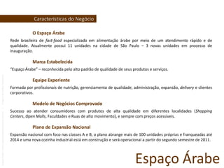 Características do NegócioO Espaço Árabe Rede brasileira de fast-food especializada em alimentação árabe por meio de um atendimento rápido e de qualidade. Atualmente possui 11 unidades na cidade de São Paulo – 3 novas unidades em processo de inauguração.Marca Estabelecida“Espaço Árabe” – reconhecida pelo alto padrão de qualidade de seus produtos e serviços.Equipe Experiente Formada por profissionais de nutrição, gerenciamento de qualidade, administração, expansão, delivery e clientes corporativos.Modelo de Negócios Comprovado Sucesso ao atender consumidores com produtos de alta qualidade em diferentes localidades (Shopping Centers, Open Malls, Faculdades e Ruas de alto movimento), e sempre com preços acessíveis.Plano de Expansão NacionalExpansão nacional com foco nas classes A e B, o plano abrange mais de 100 unidades próprias e franqueadas até 2014 e uma nova cozinha industrial está em construção e será operacional a partir do segundo semestre de 2011.Espaço Árabe