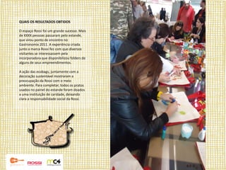 QUAIS OS RESULTADOS OBTIDOS

O espaço Rossi foi um grande sucesso. Mais
de XXXX pessoas passaram pelo estande,
que virou ponto de encontro no
Gastronomix 2011. A experiência criada
junto a marca Rossi fez com que diversos
visitantes se interessassem pela
incorporadora que disponibilizou folders de
alguns de seus empreendimentos.

A ação das ecobags, juntamente com a
decoração sustentável mostraram a
preocupação da Rossi com o meio
ambiente. Para completar, todos os pratos
usados no painel do estande foram doados
a uma instituição de caridade, deixando
clara a responsabilidade social da Rossi.
 