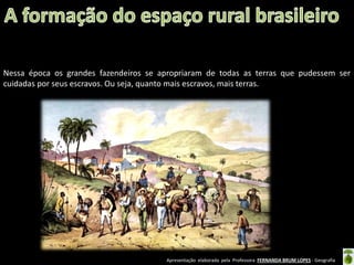 Apresentação elaborada pela Professora FERNANDA BRUM LOPES - Geografia
Nessa época os grandes fazendeiros se apropriaram de todas as terras que pudessem ser
cuidadas por seus escravos. Ou seja, quanto mais escravos, mais terras.
 