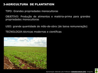 Apresentação elaborada pela Professora FERNANDA BRUM LOPES - Geografia
3-AGRICULTURA DE PLANTATION
TIPO: Grandes propriedades monocultoras
OBJETIVO: Produção de alimentos e matéria-prima para grandes
propriedades monocultoras
USO: grande quantidade de mão-de-obra (de baixa remuneração)
TECNOLOGIA:técnicas modernas e científicas
 