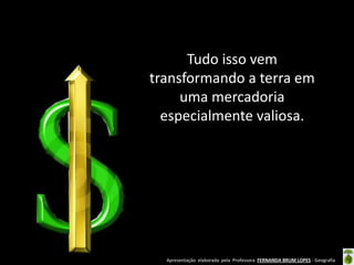 Apresentação elaborada pela Professora FERNANDA BRUM LOPES - Geografia
Tudo isso vem
transformando a terra em
uma mercadoria
especialmente valiosa.
 