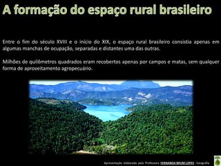 Apresentação elaborada pela Professora FERNANDA BRUM LOPES - Geografia
Entre o fim do século XVIII e o início do XIX, o espaço rural brasileiro consistia apenas em
algumas manchas de ocupação, separadas e distantes uma das outras.
Milhões de quilômetros quadrados eram recobertos apenas por campos e matas, sem qualquer
forma de aproveitamento agropecuário.
 