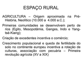 ESPAÇO RURAL AGRICULTURA – Origem aproximada na Pré-História, Neolítico (10.000 a  4.000 a.C.); 