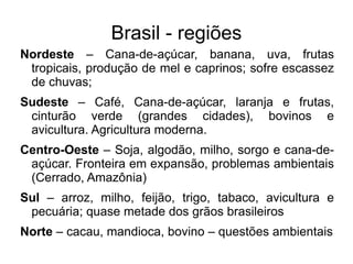 AGRICULTURA PAÍSES DO SUL Plantation  – Remota aos tempos coloniais introduzida pelos europeus em colônias tropicais (América Latina, África e Ásia). Utiliza latifúndios monocultores para exportação. Responsável por grande concentração fundiária. 