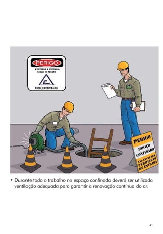 • Durante todo o trabalho no espaço confinado deverá ser utilizada 
ventilação adequada para garantir a renovação contínua do ar. 
21 
 