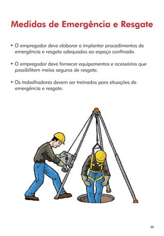 Medidas de Emergência e Resgate 
25 
• O empregador deve elaborar e implantar procedimentos de 
emergência e resgate adequados ao espaço confinado. 
• O empregador deve fornecer equipamentos e acessórios que 
possibilitem meios seguros de resgate. 
• Os trabalhadores devem ser treinados para situações de 
emergência e resgate. 
 