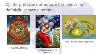 2) Interpretação dos mitos e das lendas na
definição espaço e tempo:
8
Vitória de Indra sobre o dragão Vritra
COSMOS NA BOCA DE
KRISHNA
SAMSARA BUDISTA
 