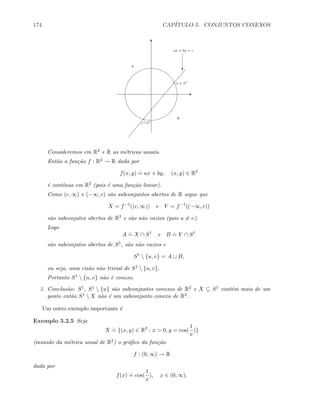 174 CAP´ITULO 5. CONJUNTOS CONEXOS
E
T
u ∈ S1
v∈
S1
c
ax + by = c
A
B
Consideremos em R2 e R as m´etricas usuais.
Ent˜ao a fun¸c˜ao f : R2 → R dada por
f(x, y)
.
= ax + by, (x, y) ∈ R2
´e cont´ınua em R2 (pois ´e uma fun¸c˜ao linear).
Como (c, ∞) e (−∞, c) s˜ao subconjuntos abertos de R segue que
X = f−1
((c, ∞)) e Y = f−1
((−∞, c))
s˜ao subconjutos abertos de R2 e s˜ao n˜ao vazios (pois u = v).
Logo
A
.
= X ∩ S1
e B
.
= Y ∩ S1
s˜ao subconjutos abertos de S1, s˜ao n˜ao vazios e
S1
 {u, v} = A ∪ B,
ou seja, uma cis˜ao n˜ao trivial de S1  {u, v}.
Portanto S1  {u, v} n˜ao ´e conexo.
3. Conclus˜ao: S1, S1  {u} s˜ao subconjuntos conexos de R2 e X ⊆ S1 cont´em mais de um
ponto ent˜ao S1  X n˜ao ´e um subconjunto conexo de R2.
Um outro exemplo importante ´e
Exemplo 5.2.5 Seja
X
.
= {(x, y) ∈ R2
: x  0, y = cos(
1
x
)}
(munido da m´etrica usual de R2) o gr´aﬁco da fun¸c˜ao
f : (0, ∞) → R
dada por
f(x)
.
= cos(
1
x
), x ∈ (0, ∞).
 