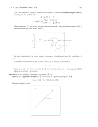 5.3. CONEX ˜AO POR CAMINHOS 195
Com estes caminhos podemos construir um caminho, denominado caminho justaposto,
indicado por f ∨ g, dada por
f ∨ g : [0, 1] → M
(f ∨ g)(t)
.
=
f(2t), 0 ≤ t ≤ 1
2
g(2t − 1), 1
2 ≤ t ≤ 1
.
Observemos que f ∨ g ser´a de fato um caminho (ou seja, uma fun¸c˜ao cont´ınua em [0, 1]
com valores em M; vide ﬁgura abaixo).
0
1
E
f ∨ g
M
f(0) = (f ∨ g)(0) f(1) = g(0) = (f ∨ g)( 1
2
)
g(1) = (f ∨ g)(1)
1
2
t
f(2t)
s
g(2s − 1)
Ou seja, o caminho f ∨ g tem o mesmo tra¸co que a reuni˜ao dos tra¸cos dos caminhos f e
g.
4. Se existir uma caminho em M unindo o ponto a ao ponto b escreveremos
a ∼ b.
Neste caso, pelo que vimos nos itens 1., 2. e 3. acima, temos que ∼ tem as propriedades
reﬂexiva, sim´etrica e transitiva.
Deﬁni¸c˜ao 5.3.2 Sejam E um espa¸co vetorial e a, b ∈ E.
Deﬁnimos o segmento de reta [a, b] como sendo o seguinte subconjunto de E
[a, b]
.
= {(1 − t)a + tb : 0 ≤ t ≤ 1}.
Geometricamente temos
a
b
(1 − t)a + tb
E
 