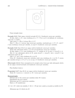 208 CAP´ITULO 5. CONJUNTOS CONEXOS
M
x
V
U
V
Como exemplo temos
Exemplo 5.3.5 Todo espa¸co vetorial normado (E, . ) ´e localmente conexo por caminhos.
De fato, dado x ∈ E e uma vizinhan¸ca de x, V = V (x) em E, da deﬁni¸c˜ao de vizinhan¸ca,
segue que x ∈ int(V ).
Logo existe U
.
= B(x; r) tal que B(x; r) ⊆ V .
Mas U
.
= B(x; r) ´e convexa, logo conexa por caminhos, mostrando que x ∈ U ⊆ V , onde U
´e uma vizinhan¸ca conexa por caminho, ou seja E ´e localmente conexo por caminhos.
Exemplo 5.3.6 Seja (M, d) um espa¸co m´etrico localmente conexo por caminhos.
Ent˜ao todo subconjunto aberto, A, de M ser´a localmente conexo por caminhos.
De fato, dados x ∈ A e uma vizinhan¸ca de x, V , contida em A, ou seja, x ∈ intA(V ) ⊆ A.
Mas A ´e um subconjunto aberto de M, assim intA(V ) = intM (V ), isto ´e, intA(V ) ´e um
subconjunto aberto de M.
Logo x ∈ V que ´e uma vizinhan¸ca de x em M.
Como M ´e localmente conexo por caminhos existe uma vizinhan¸ca de x em M, U conexa
por caminhos tal que x ∈ U ⊆ V ⊆ A, ou seja, A ´e localmente conexa por caminhos.
Observa¸c˜ao 5.3.14 Como consequˆencia do exemplo acima temos que todo subconjunto aberto
de um espa¸co vetorial normado ser´a localmente conexo por caminhos.
Para ﬁnalizar temos a
Proposi¸c˜ao 5.3.7 Seja (M, d) um espa¸co m´etrico localmente conexo por caminhos.
Ent˜ao M ´e conexo se, e somente se, M ´e conexo por caminhos.
Demonstra¸c˜ao:
Sabemos que se M ´e conexo por caminhos ent˜ao M ´e conexo.
Suponhamos que M ´e conexo.
Mostremos que M ´e conexo por caminhos.
Dado a ∈ M consideremos
A
.
= {x ∈ M : existe um caminho f : [0, 1] → M que une o ponto x ao ponto a contido em M.
Aﬁrmamos que A ´e aberto em M.
 