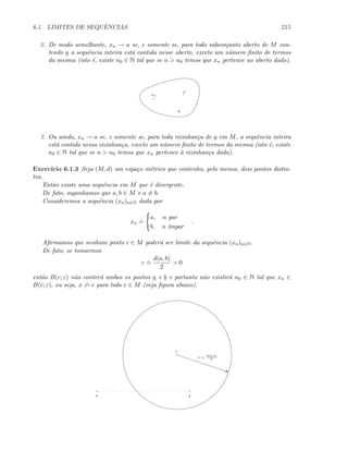 6.1. LIMITES DE SEQUˆENCIAS 215
2. De modo semelhante, xn → a se, e somente se, para todo subconjunto aberto de M con-
tendo a a sequˆencia inteira est´a contida nesse aberto, exceto um n´umero ﬁnito de termos
da mesma (isto ´e, existe n0 ∈ N tal que se n  n0 temos que xn pertence ao aberto dado).
a
xn
A
3. Ou ainda, xn → a se, e somente se, para toda vizinhan¸ca de a em M, a sequˆencia inteira
est´a contida nessa vizinhan¸ca, exceto um n´umero ﬁnito de termos da mesma (isto ´e, existe
n0 ∈ N tal que se n  n0 temos que xn pertence `a vizinhan¸ca dada).
Exerc´ıcio 6.1.3 Seja (M, d) um espa¸co m´etrico que contenha, pelo menos, dois pontos distin-
tos.
Ent˜ao existe uma sequˆencia em M que ´e divergente.
De fato, suponhamso que a, b ∈ M e a = b.
Consideremos a sequˆencia (xn)n∈N dada por
xn
.
=
a, n par
b, n ´ımpar
.
Aﬁrmamos que nenhum ponto c ∈ M poder´a ser limite da sequˆencia (xn)n∈N.
De fato, se tomarmos
ε
.
=
d(a, b)
2
 0
ent˜ao B(c; ε) n˜ao conter´a ambos os pontos a e b e portanto n˜ao existir´a n0 ∈ N tal que xn ∈
B(c; ε), ou seja, x → c para todo c ∈ M (veja ﬁgura abaixo).
q
a b
c
ε =
d(a,b)
2
 