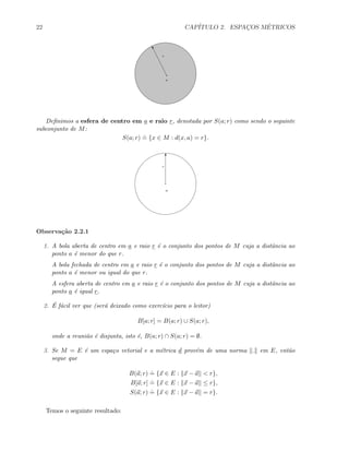 22 CAP´ITULO 2. ESPAC¸OS M´ETRICOS
a
r
u
Deﬁnimos a esfera de centro em a e raio r, denotada por S(a; r) como sendo o seguinte
subconjunto de M:
S(a; r)
.
= {x ∈ M : d(x, a) = r}.
a
r
T
Observa¸c˜ao 2.2.1
1. A bola aberta de centro em a e raio r ´e o conjunto dos pontos de M cuja a distˆancia ao
ponto a ´e menor do que r.
A bola fechada de centro em a e raio r ´e o conjunto dos pontos de M cuja a distˆancia ao
ponto a ´e menor ou igual do que r.
A esfera aberta de centro em a e raio r ´e o conjunto dos pontos de M cuja a distˆancia ao
ponto a ´e igual r.
2. ´E f´acil ver que (ser´a deixado como exerc´ıcio para o leitor)
B[a; r] = B(a; r) ∪ S(a; r),
onde a reuni˜ao ´e disjunta, isto ´e, B(a; r) ∩ S(a; r) = ∅.
3. Se M = E ´e um espa¸co vetorial e a m´etrica d prov´em de uma norma . em E, ent˜ao
segue que
B(a; r)
.
= {x ∈ E : x − a < r},
B[a; r]
.
= {x ∈ E : x − a ≤ r},
S(a; r)
.
= {x ∈ E : x − a = r}.
Temos o seguinte resultado:
 