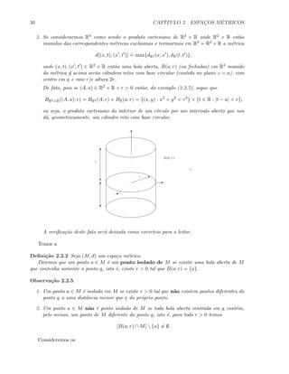 30 CAP´ITULO 2. ESPAC¸OS M´ETRICOS
2. Se considerarmos R3 como sendo o produto cartesiano de R2 × R onde R2 e R est˜ao
munidos das correspondentes m´etricas euclieanas e tormarmos em R3 = R2 × R a m´etrica
d[(x, t), (x , t )]
.
= max{dR2 (x, x ), dR(t, t )},
onde (x, t), (x , t ) ∈ R2 × R ent˜ao uma bola aberta, B(a; r) (ou fechadas) em R3 munido
da m´etrica d acima ser˜ao cilindros retos com base circular (contida no plano z = a), com
centro em a e raio r)e altura 2r.
De fato, pois se (A, a) ∈ R2 × R e r  0 ent˜ao, do exemplo (2.2.7), segue que
BR2×R((A, a); r) = BR2 (A; r) × BR(a; r) = {(x, y) : x2
+ y2
 r2
} × {t ∈ R : |t − a|  r},
ou seja, o produto cartesiano do interior de um c´ırculo por um intervalo aberto que nos
d´a, geometricamente, um cilindro reto com base circular.
T
B(0; r)
T
c
T
c
I
r
r
r
E
a
A veriﬁca¸c˜ao deste fato ser´a deixada como exerc´ıcio para o leitor.
Temos a
Deﬁni¸c˜ao 2.2.2 Seja (M, d) um espa¸co m´etrico.
Diremos que um ponto a ∈ M ´e um ponto isolado de M se existir uma bola aberta de M
que contenha somente o ponto a, isto ´e, existe r  0 tal que B(a; r) = {a}.
Observa¸c˜ao 2.2.5
1. Um ponto a ∈ M ´e isolado em M se existe r  0 tal que n˜ao existem pontos diferentes do
ponto a a uma distˆancia menor que r do pr´oprio ponto.
2. Um ponto a ∈ M n˜ao ´e ponto isolado de M se toda bola aberta centrada em a cont´em,
pelo menos, um ponto de M diferente do ponto a, isto ´e, para todo r  0 temos
[B(a; r) ∩ M]  {a} = ∅.
Consideremos os
 