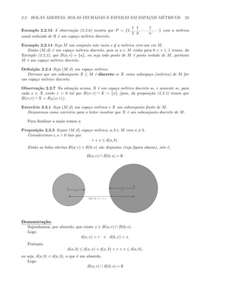 2.2. BOLAS ABERTAS, BOLAS FECHADAS E ESFERAS EM ESPAC¸OS M´ETRICOS 33
Exemplo 2.2.13 A observa¸c˜ao (2.2.6) mostra que P = {1,
1
2
,
1
3
, · · · ,
1
n
, · · · } com a m´etrica
usual induzida de R ´e um espa¸co m´etrico discreto.
Exemplo 2.2.14 Seja M um conjunto n˜ao vazio e d a m´etrica zero-um em M.
Ent˜ao (M, d) ´e um espa¸co m´etrico discreto, pois se a ∈ M ent˜ao para 0  r ≤ 1 temos, do
Exemplo (2.2.2), que B(a; r) = {a}, ou seja todo ponto de M ´e ponto isolado de M, portanto
M ´e um espa¸co m´etrico discreto.
Deﬁni¸c˜ao 2.2.4 Seja (M, d) um espa¸co m´etrico.
Diremos que um subconjunto X ⊆ M ´e discreto se X como subsepa¸co (m´etrico) de M for
um espa¸co m´etrico discreto.
Observa¸c˜ao 2.2.7 Na situa¸c˜ao acima, X ´e um espa¸co m´etrico discreto se, e somente se, para
cada x ∈ X existe r  0 tal que B(x; r) ∩ X = {x} (pois, da proposi¸c˜ao (2.2.1) temos que
B(x; r) ∩ X = BX(x; r)).
Exerc´ıcio 2.2.1 Seja (M, d) um espa¸co m´etrico e X um subconjunto ﬁnito de M.
Deixaremos como exerc´ıcio para o leitor mostrar que X ´e um subconjunto discreto de M.
Para ﬁnalizar a se¸c˜ao temos a:
Proposi¸c˜ao 2.2.3 Sejam (M, d) espa¸co m´etrico, a, b ∈ M com a = b.
Consideremos r, s  0 tais que
r + s ≤ d(a, b).
Ent˜ao as bolas abertas B(a; r) e B(b; s) s˜ao disjuntas (veja ﬁgura abaixo), isto ´e,
B(a; r) ∩ B(b; s) = ∅.
a
b
E '
r
s
E'
d(a, b)  r + s
Demonstra¸c˜ao:
Suponhamos, por absurdo, que existe x ∈ B(a; r) ∩ B(b; s).
Logo
d(a, x)  r e d(b, x)  s.
Portanto
d(a, b) ≤ d(a, x) + d(x, b)  r + s ≤ d(a, b),
ou seja, d(a, b)  d(a, b), o que ´e um absurdo.
Logo
B(a; r) ∩ B(b; s) = ∅
 