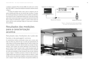 Projeto CAPES-MinC – “Pró-Cultura”: Arquiteturas para um Brasil musical 19
a medição o programa Dirac da marca B&K, de acordo com a norma
ISO 3382 (1998), e o sistema de medição foi montado conforme mostra
a Figura 1.
O sistema de medição indica como a sala se comporta com im-
pulsos emitidos pela fonte, por um sinal do tipo varredura. O tempo
de reverberação final será a média dos valores medidos em diferentes
locais dentro da sala. É importante lembrar que o intervalo de tempo
após a fonte sonora interromper sua emissão do sinal até ele decair 60
dB é o tempo de reverberação. A Figura 2 mostra a fonte sonora na
sala de aula da escola municipal Duque de Caxias para a realização
dessa medição.
Resultados das medições
para a caracterização
acústica
Resultado das medições do ruído de
fundo e da paisagem sonora
As características acústicas encontradas variam com a escola, entre-
tanto um fator em comum foi que as escolas que apresentaram ele-
vados índices de NPS possuem alguma fonte de ruído de fundo. Nas
escolas analisadas as fontes de ruído de fundo são oriundas de fontes
internas, como acontece nas escolas Adventista, Cícero Barreto, Du-
que de Caxias e Gomes Carneiro onde o ruído do próprio pátio da
escola perturba a aula, e ainda na escola Duque de Caxias a pracinha
da escola está localizada ao lado da janela da sala de aula conforme
mostra a Figura 3. Também encontrou-se fonte de ruído externo no
Colégio Fátima onde, apesar de os alunos estarem em silêncio, o ruído
do fluxo intenso de automóveis atrapalha a comunicação do professor
com os alunos. Fonte de ruído mecânico está presente também nas
Figura 1 - Esquema do sistema de medição
do tempo de reverberação (DIRAC, 2011)
Figura 2 - Medição do tempo de reverberação
na Escola Municipal Duque De Caxias
  
 