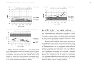 Projeto CAPES-MinC – “Pró-Cultura”: Arquiteturas para um Brasil musical 61
Figura 51 – Comparação dos valores de T30 para a Sala Virtual
nas três diferentes configurações.
Figura 53 – Comparação dos valores de C80 para a Sala Virtual
nas três diferentes configurações
Figura 52 – Comparação dos valores de EDT para a Sala Virtual
nas três diferentes configurações. Auralização da sala virtual
Após as análises dos valores numéricos para os parâmetros acústicos
apresentados anteriormente, foi realizada a auralização para a avalia-
ção subjetiva do modelo virtual, o que consiste em ouvir sons (através
de fones de ouvido conectados ao computador) reproduzidos na sala
virtual pelo software de simulações acústicas.
Considerando-se os exemplos de auralização para a sala virtual em
sua configuração Original, quando nenhum painel de absorção sonora
está posicionado em seu interior, a voz falada não é bem compreendi-
da, pois a sala sustenta o som por muito tempo, prejudicando dema-
siadamente a percepção do conteúdo da fala, sendo esta configuração
desaprovada pelos avaliadores submetidos ao processo de auralização.
Para os instrumentos do tipo piano, sopro e percussão, a sustentação
do som é percebida como muito longa, tornando a música confusa.
Portanto, nessa configuração a sala não suporta esses instrumentos.
Para voz cantada e orquestra, entretanto, a sala virtual em sua configu-
ração Original se mostrou bastante adequada, pois estes tipos de sons
demandam, de fato, tempos de reverberação maiores.
A Figura 53 apresenta os resultados de C80, além da faixa de refe-
rência (área sombreada do gráfico), tal como determinada por Beranek
(2004), onde se observa que a curva associada à configuração Original
da sala virtual recai, em sua maior parte, dentro da faixa de valores
indicada por Beranek. A curva correspondente à configuração Painel 1
também apresentou valores condizentes com aqueles da faixa assinala-
da por Beranek para as frequências abaixo de 1000 Hz.
 