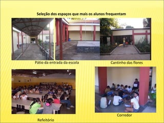 Seleção dos espaços que mais os alunos frequentam Pátio da entrada da escola Cantinho das flores Refeitório Corredor  