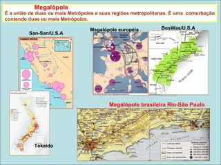 É a união de duas ou mais Metrópoles e suas regiões metropolitanas. É uma comurbação
contendo duas ou mais Metrópoles.
Megalópole brasileira Rio-São Paulo
San-San/U.S.A
Megalópole européia BosWas/U.S.A
Tokaido
Megalópole
 