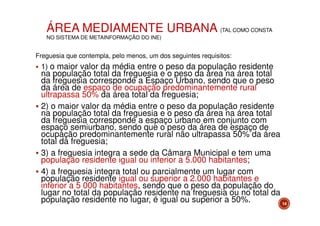 ÁREA MEDIAMENTE URBANA (TAL COMO CONSTA
NO SISTEMA DE METAINFORMAÇÃO DO INE)

Freguesia que contempla, pelo menos, um dos seguintes requisitos:

1) o maior valor da média entre o peso da população residente

na população total da freguesia e o peso da área na área total
da freguesia corresponde a Espaço Urbano, sendo que o peso
da área de espaço de ocupação predominantemente rural
ultrapassa 50% da área total da freguesia;
2) o maior valor da média entre o peso da população residente
na população total da freguesia e o peso da área na área total
da freguesia corresponde a espaço urbano em conjunto com
espaço semiurbano, sendo que o peso da área de espaço de
ocupação predominantemente rural não ultrapassa 50% da área
total da freguesia;
3) a freguesia integra a sede da Câmara Municipal e tem uma
população residente igual ou inferior a 5.000 habitantes;
4) a freguesia integra total ou parcialmente um lugar com
população residente igual ou superior a 2.000 habitantes e
inferior a 5 000 habitantes, sendo que o peso da população do
lugar no total da população residente na freguesia ou no total da
população residente no lugar, é igual ou superior a 50%.
14

 