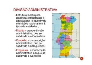 DIVISÃO ADMINISTRATIVA
Estrutura hierárquica
dinâmica estabelecida e
alterada por lei que divide
o território nacional em 3
tipos de entidades:,.
Distrito - grande divisão
administrativa, que se
subdivide em Concelhos
Concelho - circunscrição
administrativa, que se
subdivide em freguesias.
Freguesia - circunscrição
administrativa em que se
subdivide o Concelho
17

 