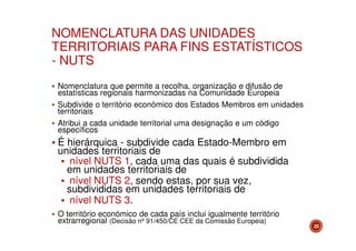 NOMENCLATURA DAS UNIDADES
TERRITORIAIS PARA FINS ESTATÍSTICOS
- NUTS
Nomenclatura que permite a recolha, organização e difusão de
estatísticas regionais harmonizadas na Comunidade Europeia
Subdivide o território económico dos Estados Membros em unidades
territoriais
Atribui a cada unidade territorial uma designação e um código
específicos

É hierárquica - subdivide cada Estado-Membro em
unidades territoriais de
nível NUTS 1, cada uma das quais é subdividida
em unidades territoriais de
nível NUTS 2, sendo estas, por sua vez,
subdivididas em unidades territoriais de
nível NUTS 3.
O território económico de cada país inclui igualmente território
extrarregional (Decisão nº 91/450/CE CEE da Comissão Europeia)

23

 