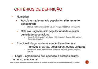 CRITÉRIOS DE DEFINIÇÃO
Numérico
Absoluto - aglomerado populacional fortemente
concentrado
250 hab. na Dinamarca; 2 000 hab. em França; 10 000 hab. em Espanha

Relativo - aglomerado populacional de elevada
densidade populacional
Porto: 5 493,3 hab/km²; V.N. Gaia: 1799,5 hab/km²; Guarda: 58,3 hab/km²;
Faro: 308,6 hab/km²

Funcional - lugar onde se concentram diversas
funções urbanas, umas raras, outras vulgares
Residencial, militar, administrativa, comercial, industrial, política, religiosa,
cultural

Legal – aglomerado que obedece a critérios mistos,
numérico e funcional
Nota – os valores de densidade populacional referem-se aos concelhos. No caso do Porto há coincidência entre a cidade e o concelho.

5

 