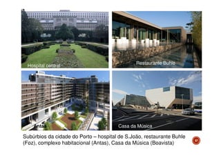 Hospital central

Antas

Restaurante Buhle

Casa da Música

Subúrbios da cidade do Porto – hospital de S.João, restaurante Buhle
(Foz), complexo habitacional (Antas), Casa da Música (Boavista)

57

 