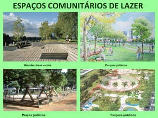 ESPAÇOS COMUNITÁRIOS DE LAZER
Praças públicas Parques públicos
Grandes áreas verdes Parques públicos
 