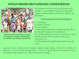 ESPAÇO URBANO NÃO PLANEJADO: CONSEQUÊNCIAS
Se as cidades encontram-se despreparadas para
atender as necessidades básicas dos imigrantes,
surgem as aglomerações urbanas em espaços não
planejados.
CONSEQUÊNCIAS SÓCIOECONÔMICAS
 Favelização
 Violência urbana
 Desemprego
 Degradação ambiental: poluição da água, do ar e
do solo pelos esgotos não tratados, etc.
 Limitado acesso aos serviços sociais básicos: água
tratada, energia elétrica, saúde, saneamento,
transportes, etc;
 Perpetuação da situação de pobreza e exclusão
social;
Segundo revela o Relatório do Programa Habitat, órgão ligado à ONU, 52,3 milhões de
brasileiros - cerca de 28% da população - vivem nas 16.433 favelas cadastradas no país,
contingente que chegará a 55 milhões de pessoas em 2020.
Deslocamento de população do campo
com destino as cidades na esperança
de melhorar as condições de existência.
 